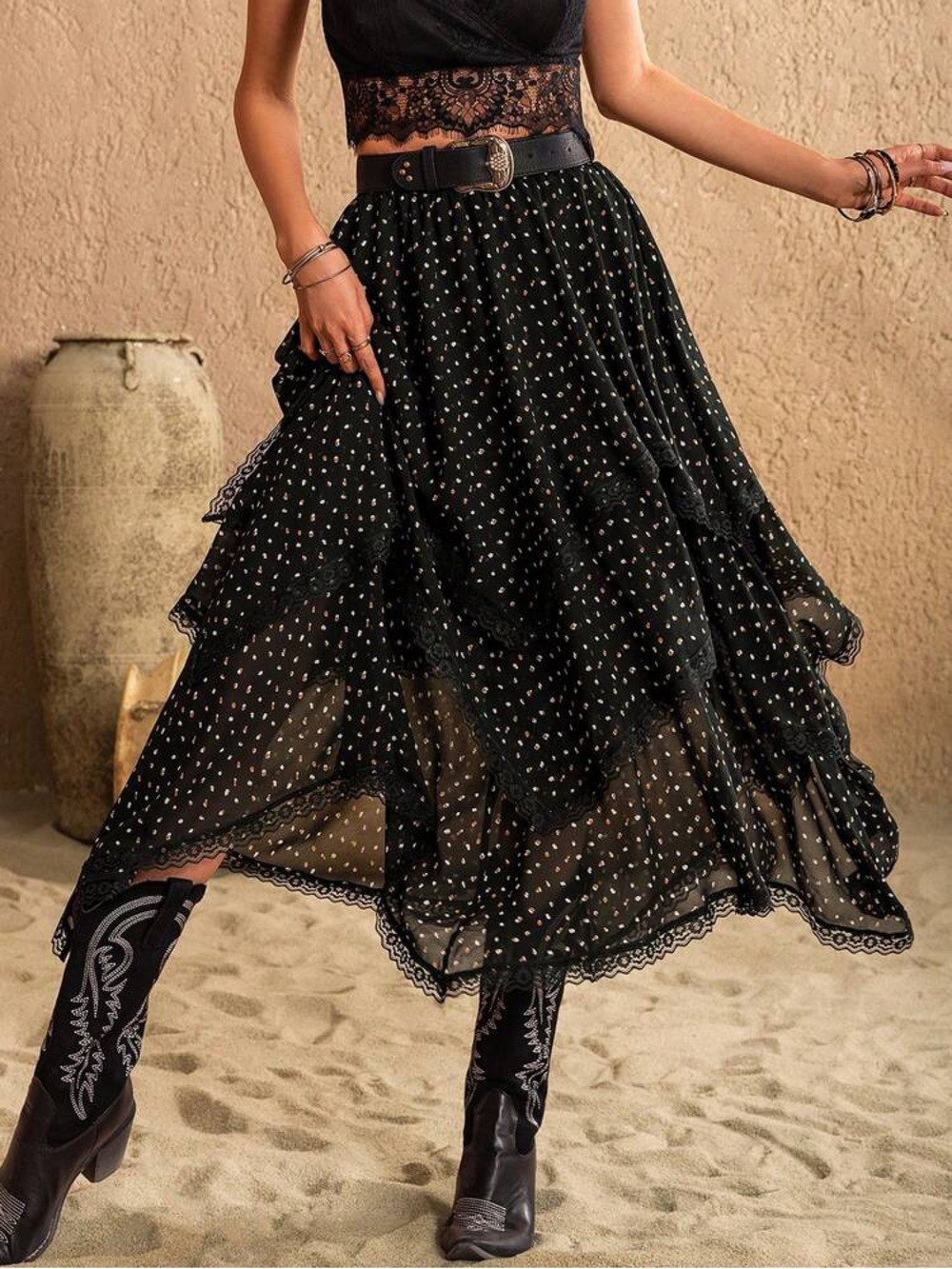 Rustty Dustty Tiered Skirt Dot Print WhimsiGoth Boho Western Fairy Small Flowy